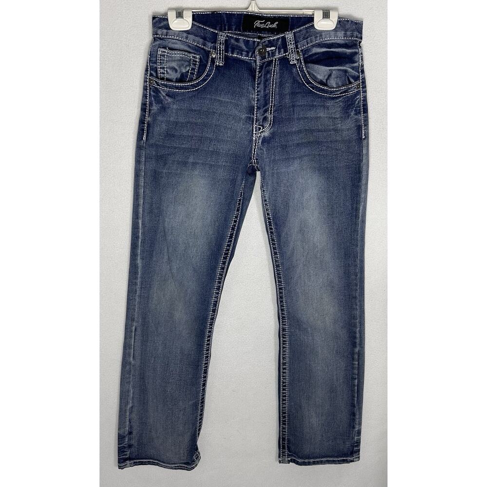 True Luck Jeans Mens 30x30 Blue Straight Leg Contrast Stitch Embroidered Pockets